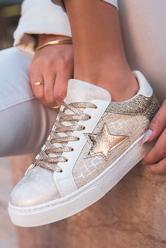 Ldc Glitter Star Patchwork Pu Leather Lace-Up Sneakers